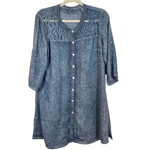 F Azucar Blue Linen Button Down Tunic Top Womens Size M Lace Coastal Roll Tab